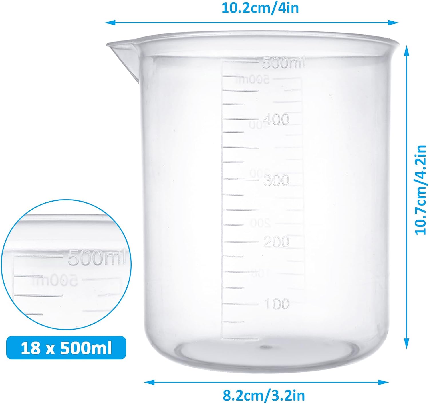 18 Pack Plastic Beakers 500 ml Graduations Premium Polypropylene Plastic Graduated Measuring Cups for Science Lab Equipment, Home Experiment, School Teaching Supplies Transparent