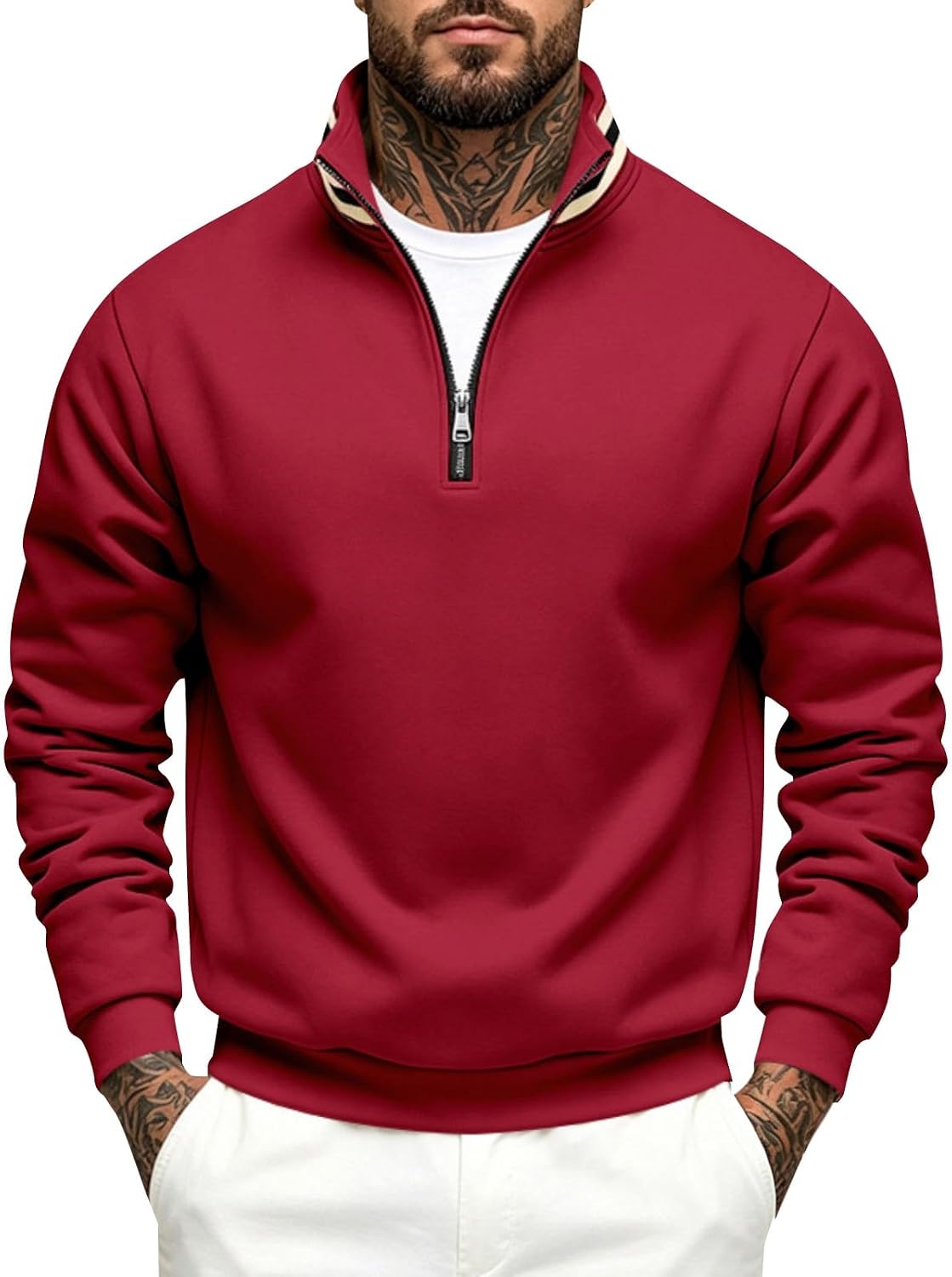 Men Contrast Collar Quarter Zip Knit Polo,Regular Fit Golf Pullover