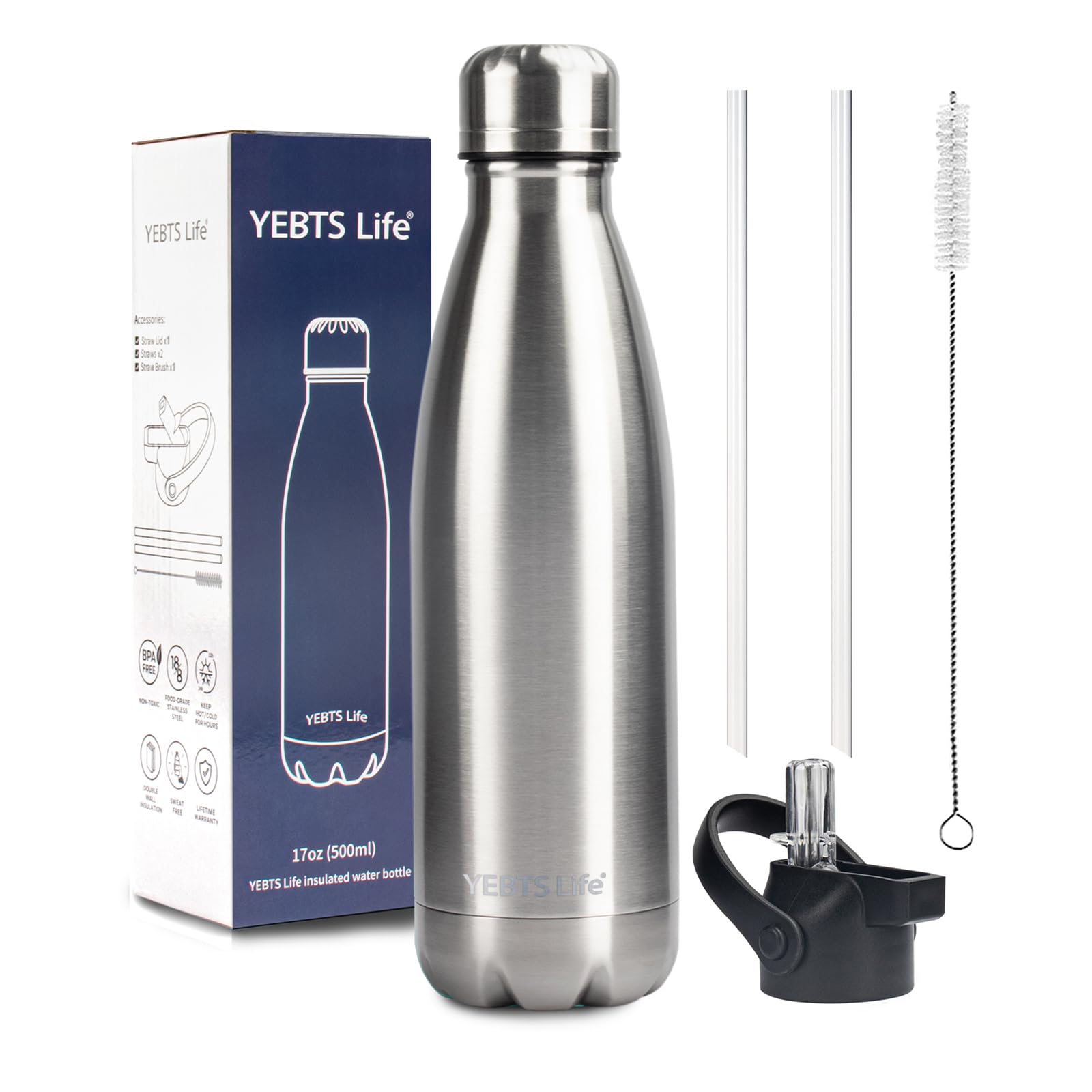 Insulated Water Bottle,17oz Stainless Steel Water Bottles with straw lid, Metal Sports Water Bottles for Boys,Girls, Double Wall Vacuum BPA-Free Flask