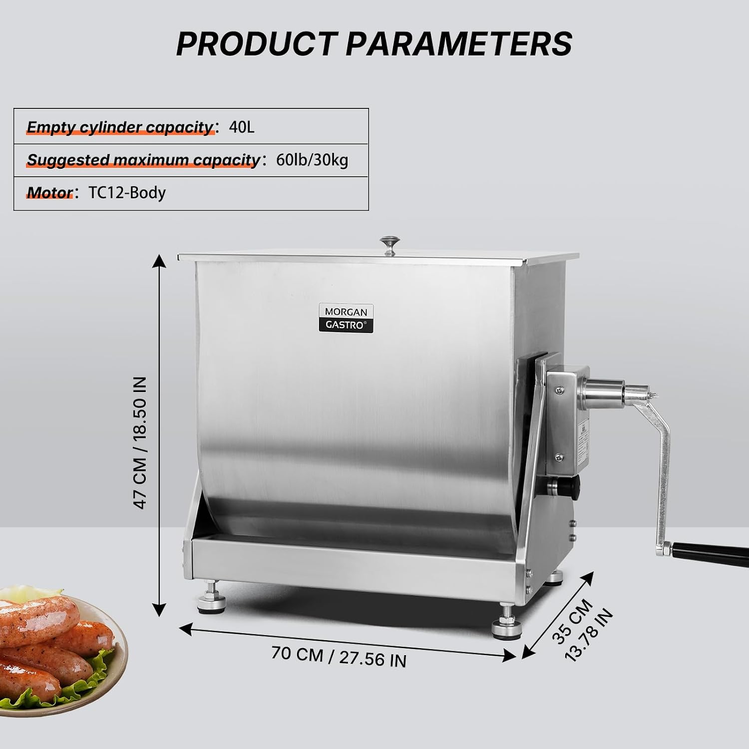 Hakka Manual Meat Mixer 60lb/30L Tiltable Tank 40L Stainless Steel Updated Commerial Food Mixer for Meat and Seasonings, Sausage, Burger, Patty