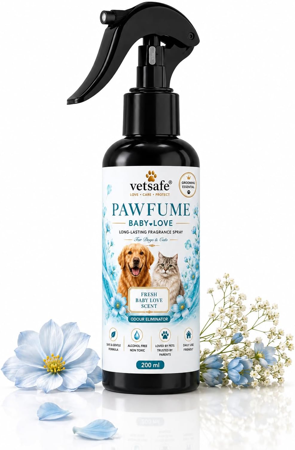 VetSafeยฎ Pawfume Baby Love Pet Perfume 200 ml Spray for Dogs & Cats | Long-Lasting Fresh Fragrance | Deodorizes Pet Odours | Plant-Powered Grooming Spray | Daily Grooming Essential | Alcohol Free