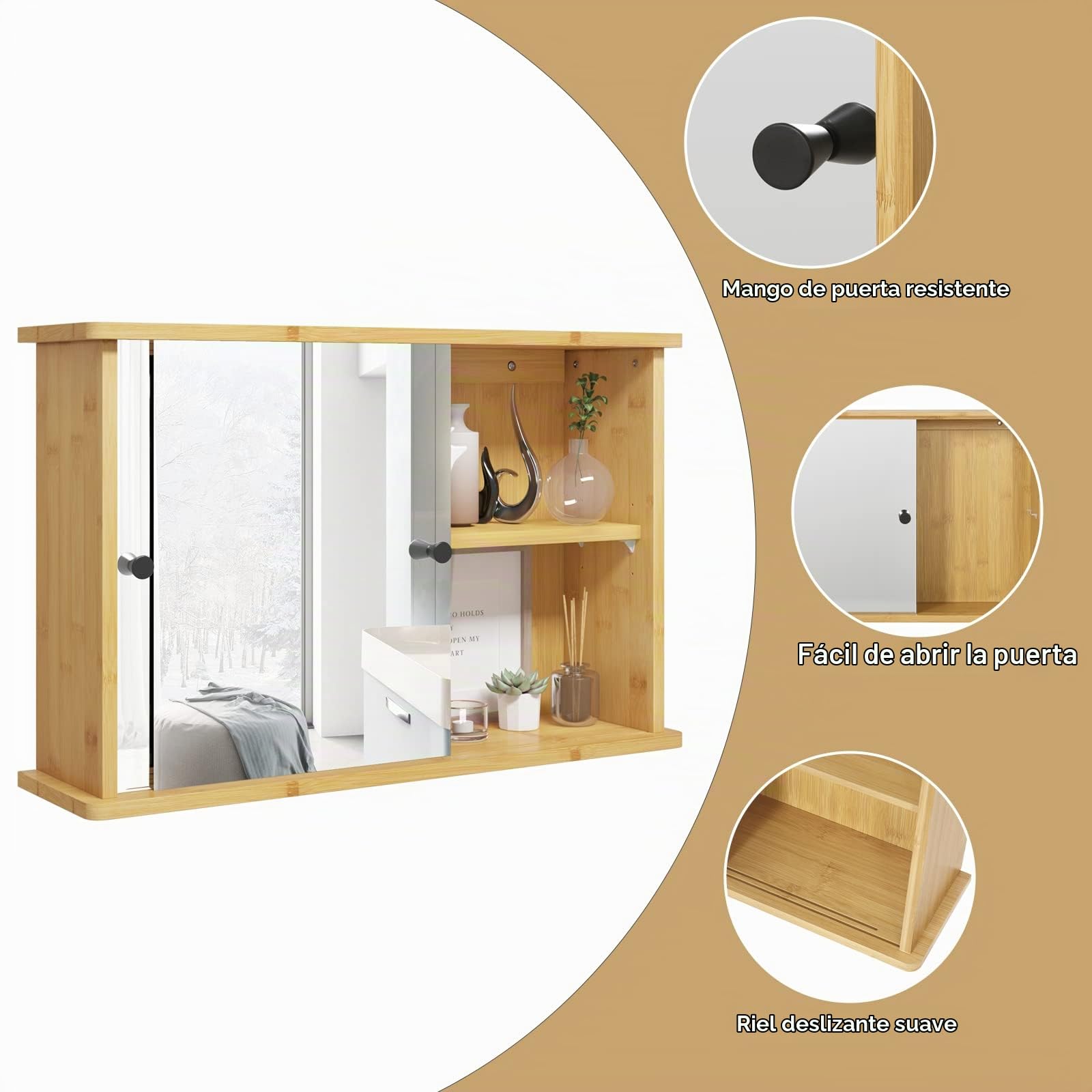 EUGAD Armario de Pared para Baño con 2 Estantes Interiores, Mueble Baño de Bambú, con Espejo y Estante Ajustable para Almacenamiento, Cocina y Dormitorio, 55x14x35,5 cm