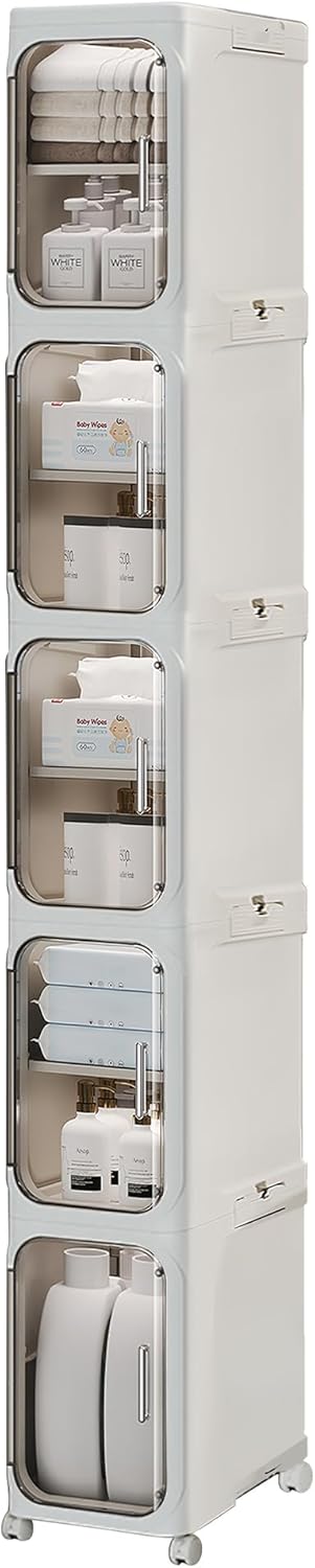 5-Tier Tall Narrow Storage Cabinet with Transparent Doors and Shelves,Plastic Slim Bathroom Organizer, Foldable Storage Cabinet for Small Space, Bathroom, Kitchen