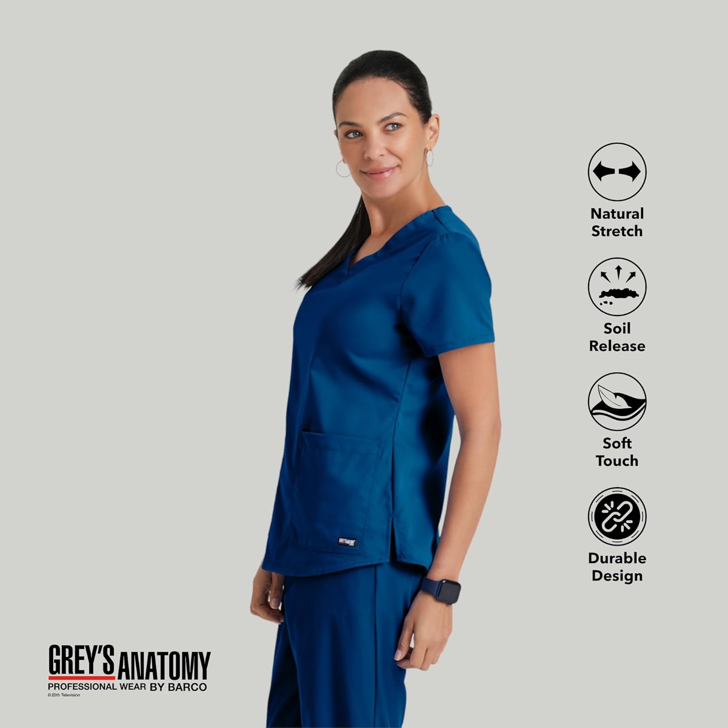 Grey's Anatomy Women's Two Pocket V-Neck Scrub Top with Shirring Back