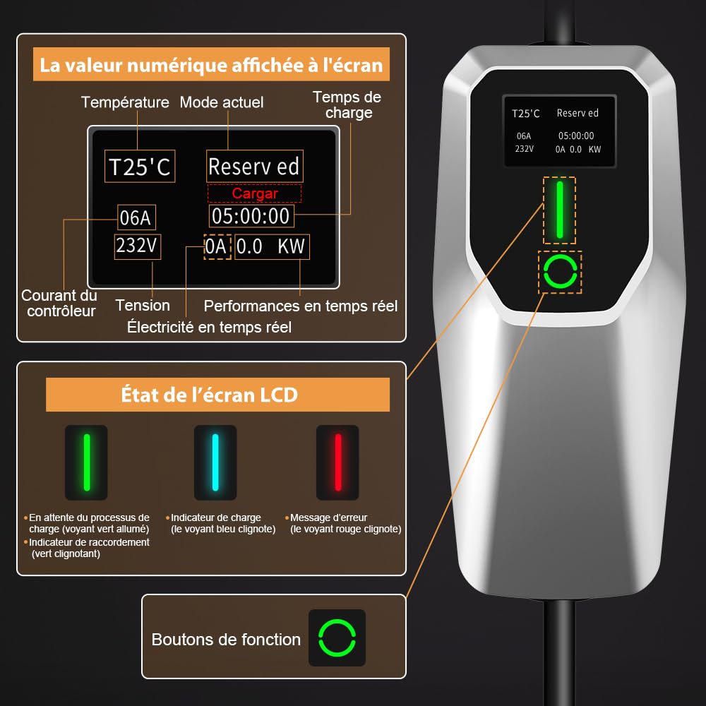AWESAFE Chargeur Voiture Electrique, Type 2, Mono-phasé 16A, (3.68kW, 5m) Réglable à 6A/8A/10A/13A/16A,Courant Commutable, Boîtier de contrôle argenté, avec Prise Schuko pour Usage Domestique,