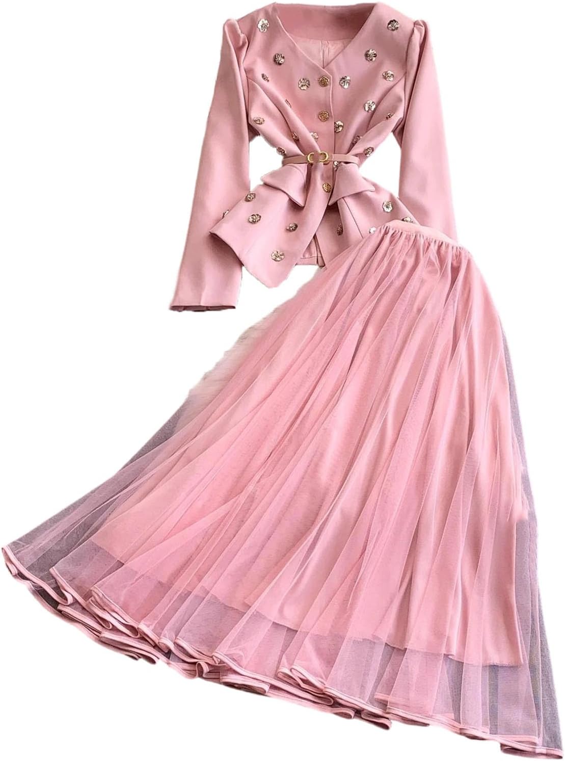 Women's Metal Floral Buckle Single Breasted Top High Waist Cinching Long Skirt Two Piece Fashion Outfits