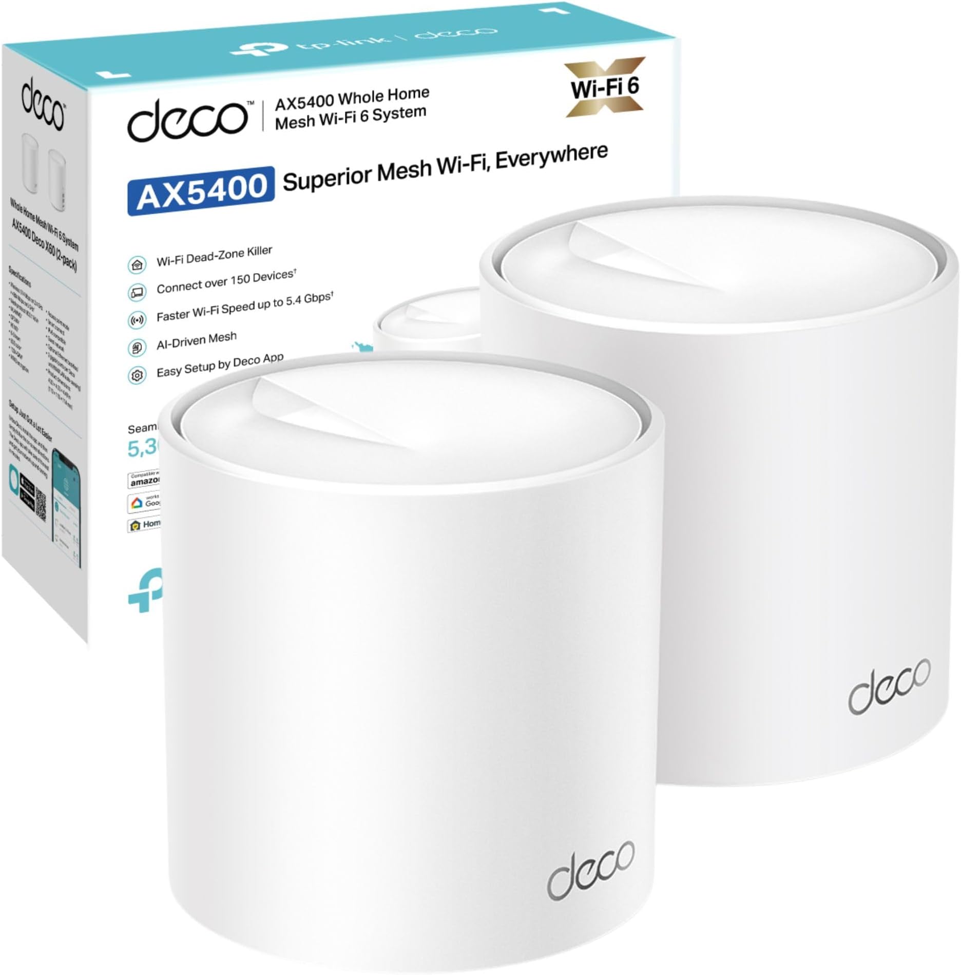 TP-Link Deco X60(3-pack) AX5400Mbps Whole Home Mesh WiFi 6 System, up to 7,100 Sq ft Coverage, AI Driven WiFi Booster, 1 GHz Quad-Core CPU, Compatible with Amazon Alexa, HomeShield Security,Easy Setup