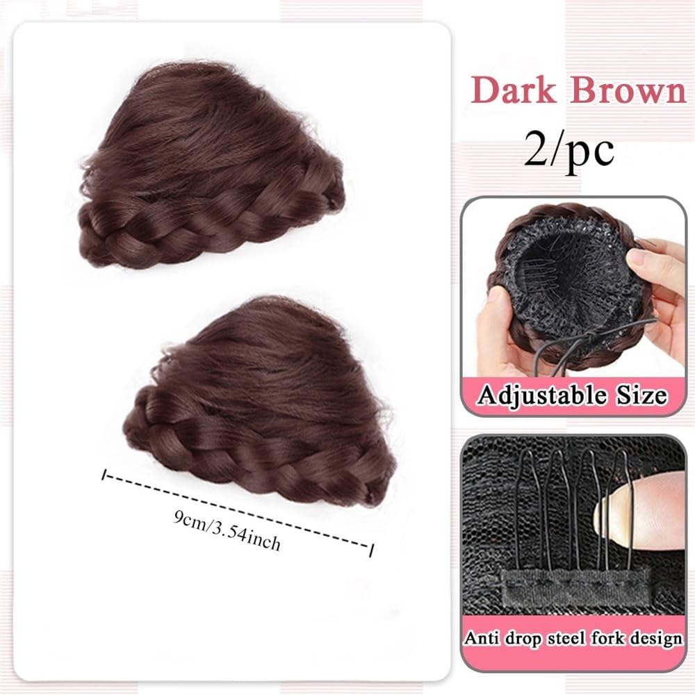 sztuczne włosy kok 2PC syntetyczny kok z uszami kota warkocz kok ściągany sznurkiem kucyk do włosów dla kobiet dziewcząt Akcesoria do włosów(Dark Brown)