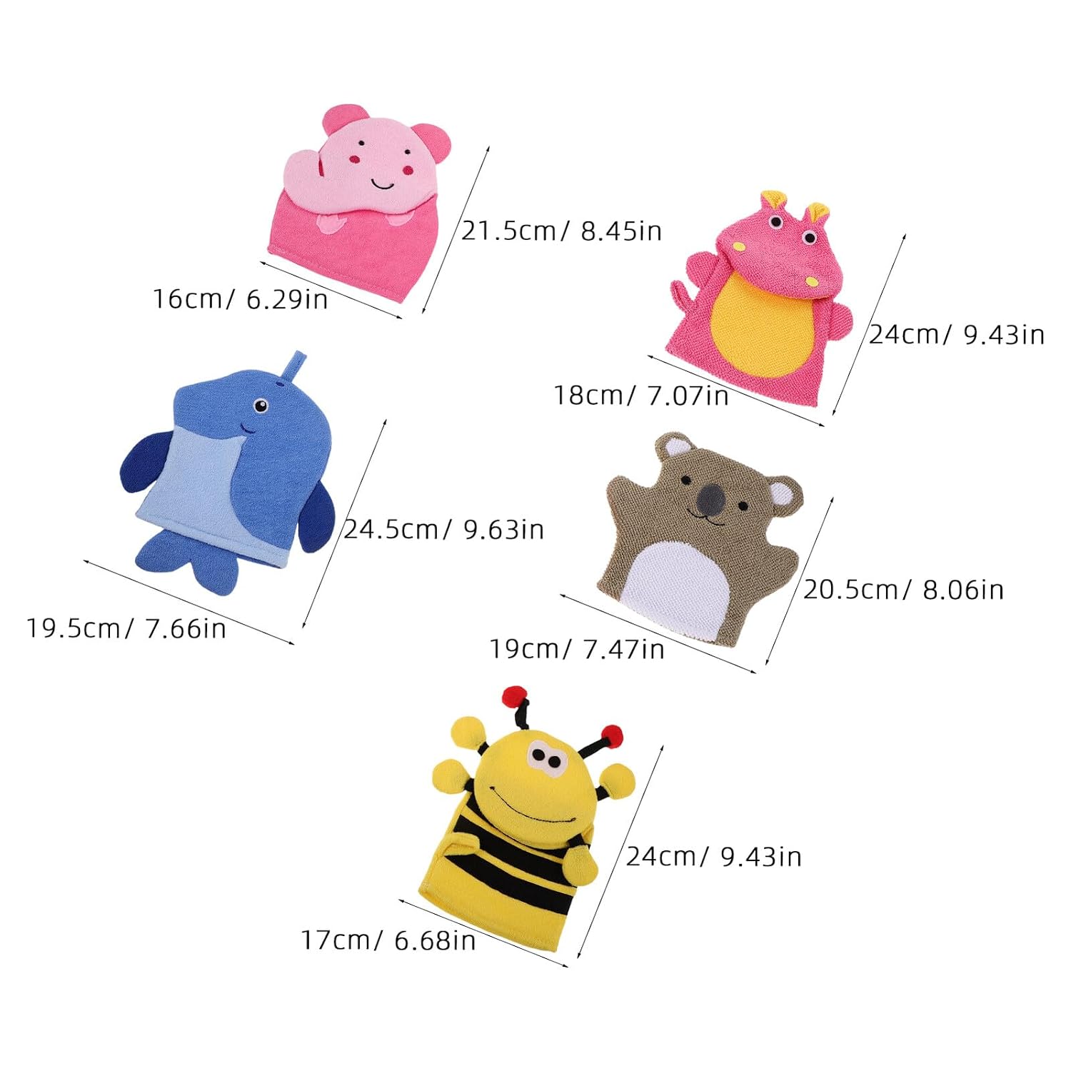 5Pcs Exfoliating Bath Gloves Animal Cartoon Scrubber Mitts for Shower Body Washing Bath Mitts for Gentle Skin Care and Deep Cleaning