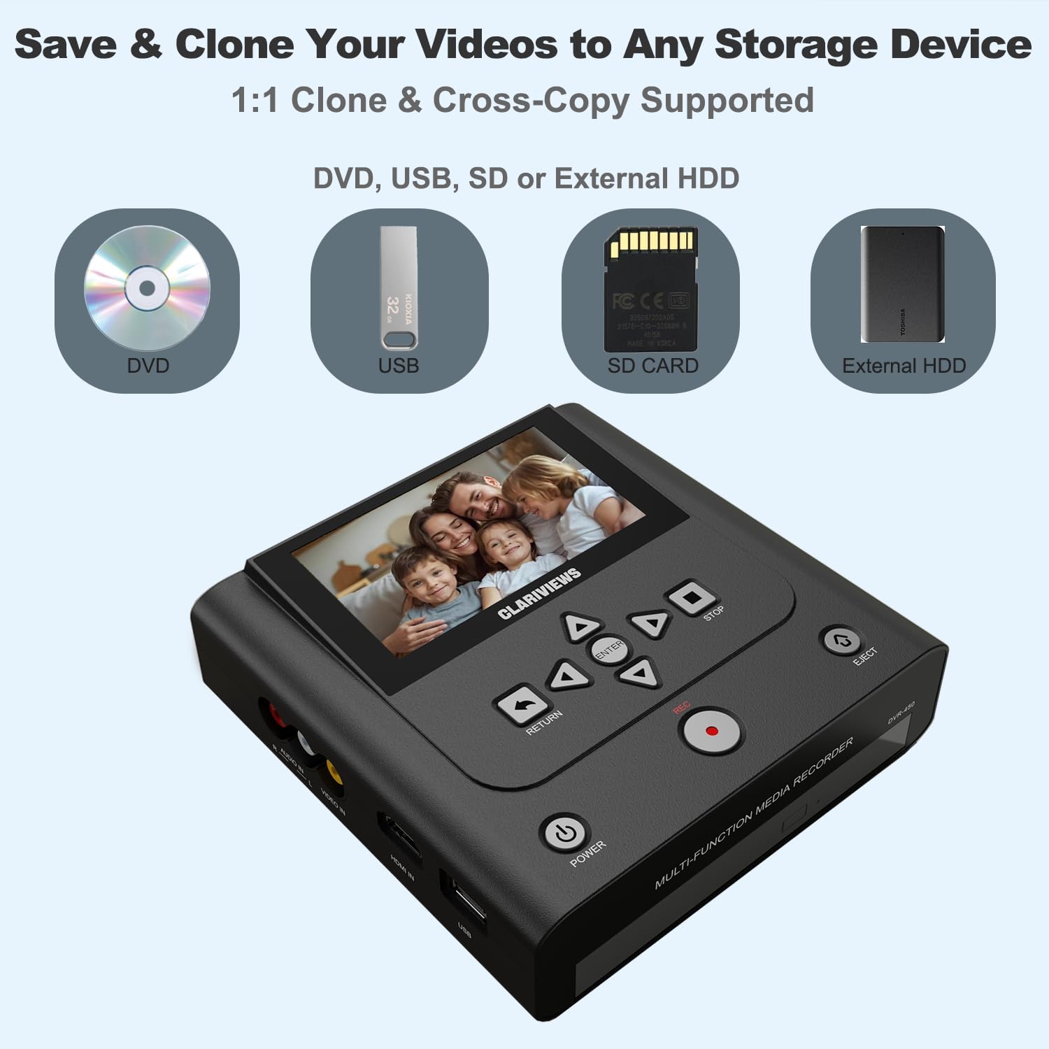 VHS to DVD Recorder, DVD Recorder with HDMI & AV Input, Convert VHS, VCR, Hi8 and Camcorder to DVD, USB, SD or HDD, No PC Needed, 4.3" LCD Preview, Phone Video/Photo to DVD/USB/SD/HDD App Copy