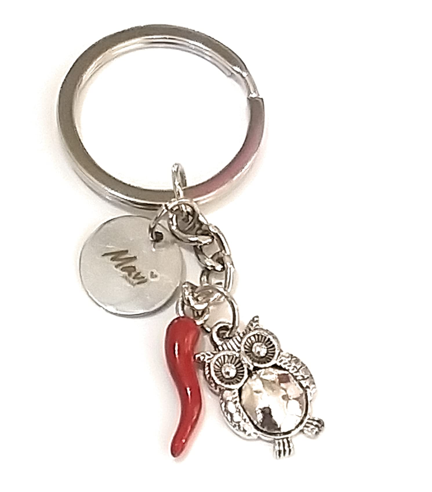 Mavijewel Portachiavi Uomo Donna in Acciaio con Pendente Corno Portafortuna Personalizzato Scritta/Corna/Zampa/Albero/Mano di Fatima/Civetta/spedizione Gratis