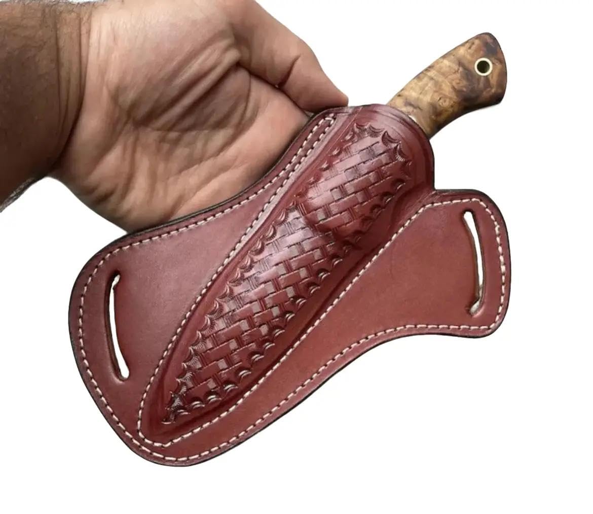 Handmade Leather Fixed Blade Knife Sheath for Belt, 5 inch BladeLength, 2 inch Width, Cross Draw Right Side Carry, Open Top, EDC Tools Holster (Brown)