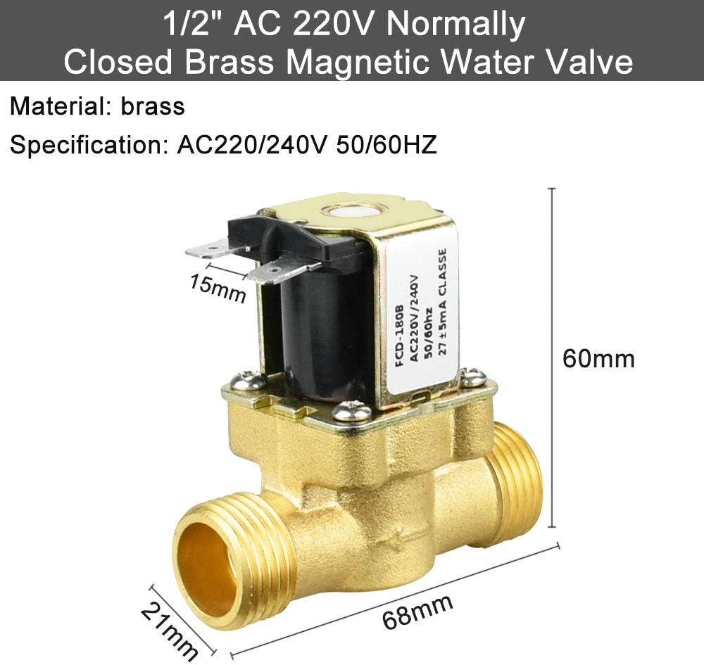 Water Valve 1/2" AC 220V Normally Closed Brass Electric Solenoid 2 Way Water Solenoid Valve Magnetic Pressure Regulating Valve for Washing Machine, Water Dispenser and Garden Spray Irrigation