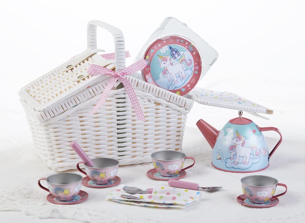 Delton製品鳥Tin Tea Set withバスケット18ピース、4" Amazon.com | Tin 18 Pc Tea Set in Basket, Unicorn: Tea Sets
