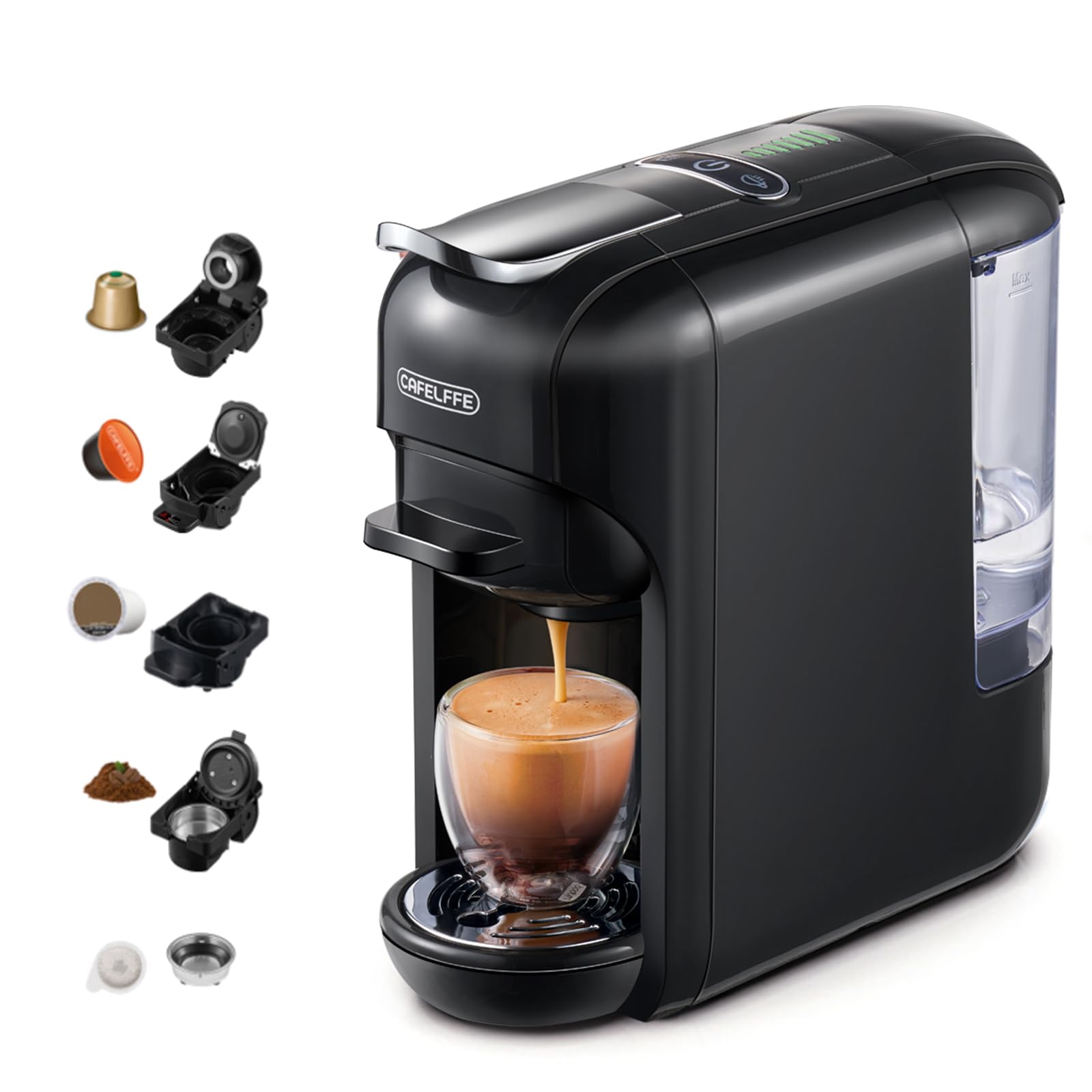 CAFELFFE MK-606 Máquina de espresso 5 en 1 de cápsula, 19 bares, compatible con K-Cup/Nes Original/DG/44 mm ESE y molido, 7 niveles de agua, para el hogar/la oficina, negro