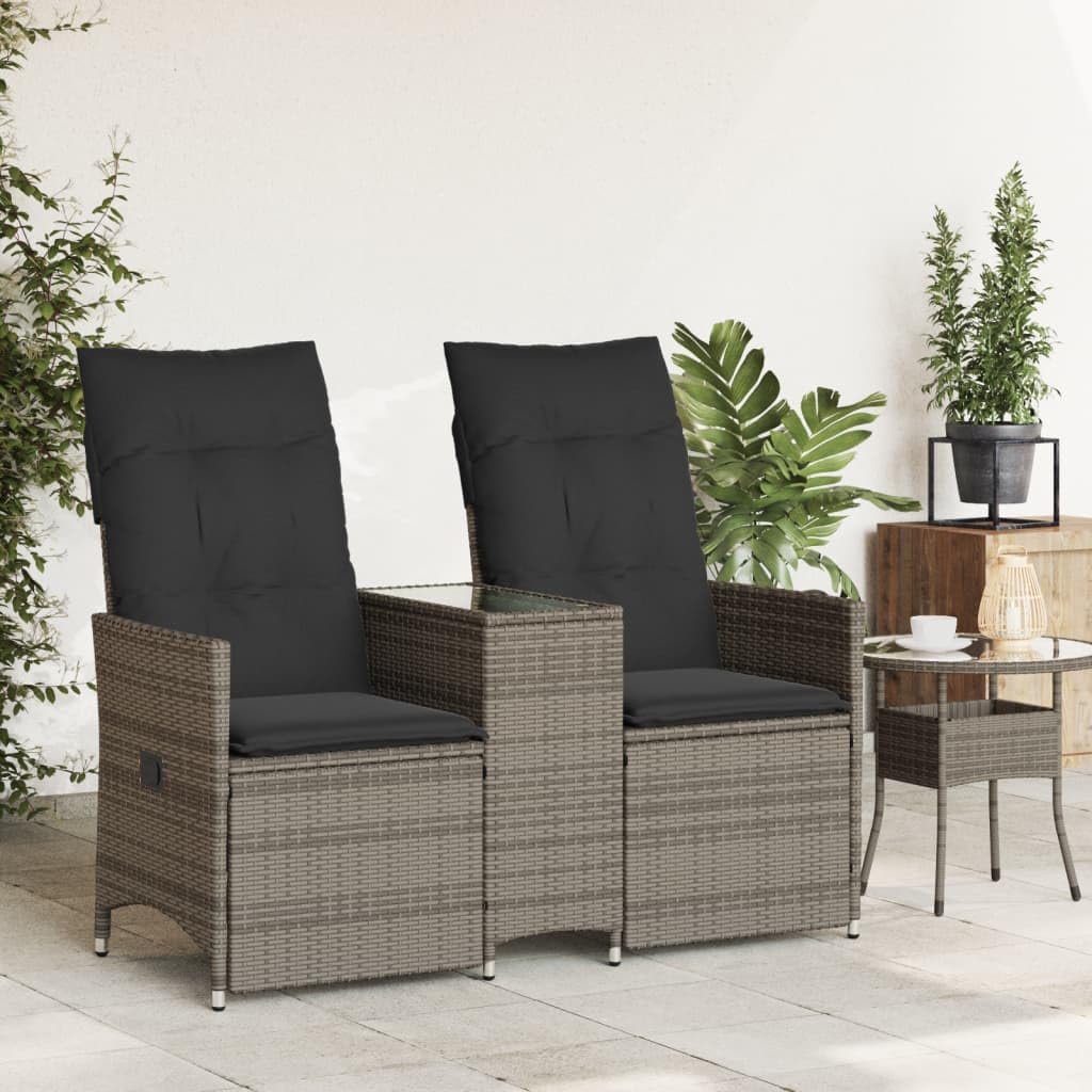 Divano da Giardino 2 Posti con Tavolo, in Polyrattan Grigio, Schienale Regolabile, Set Giardino Esterno, Salotto da Giardino, per Terrazzo e Giardino, Colore Grigio, 130 x 59 x 92 cm