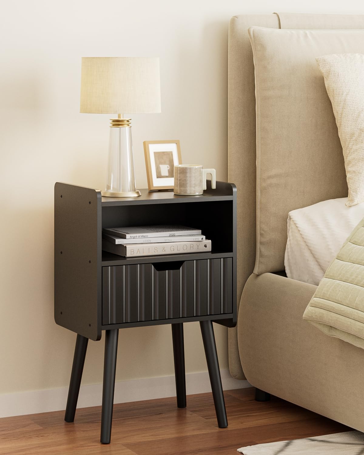 Fluted Nightstand, Modern Side Table, Small Night Stand, Wood Night Stand Bedside Table with Storage Drawer End Table for Bedroom,Living Room,Office,Black