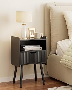 Fluted Nightstand, Modern Side Table, Small Night Stand, Wood Night Stand Bedside Table with Storage Drawer End Table for Bedroom,Living Room,Office,Black