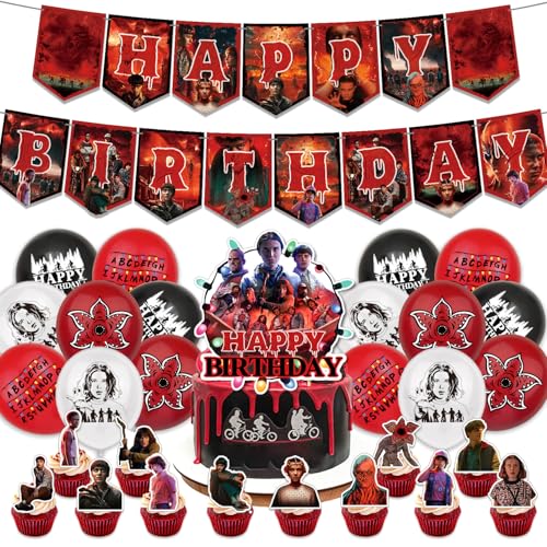 Stranger Th-ings Birthday Party Decorations Supplies Include Happy Birthday Banners Cupcake Toppers Balloons