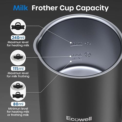 Vista 12 de ECOWELL Espumador de leche, espumador de café eléctrico, espumador automático de espuma fría y caliente, vaporizador de leche de acero inoxidable
