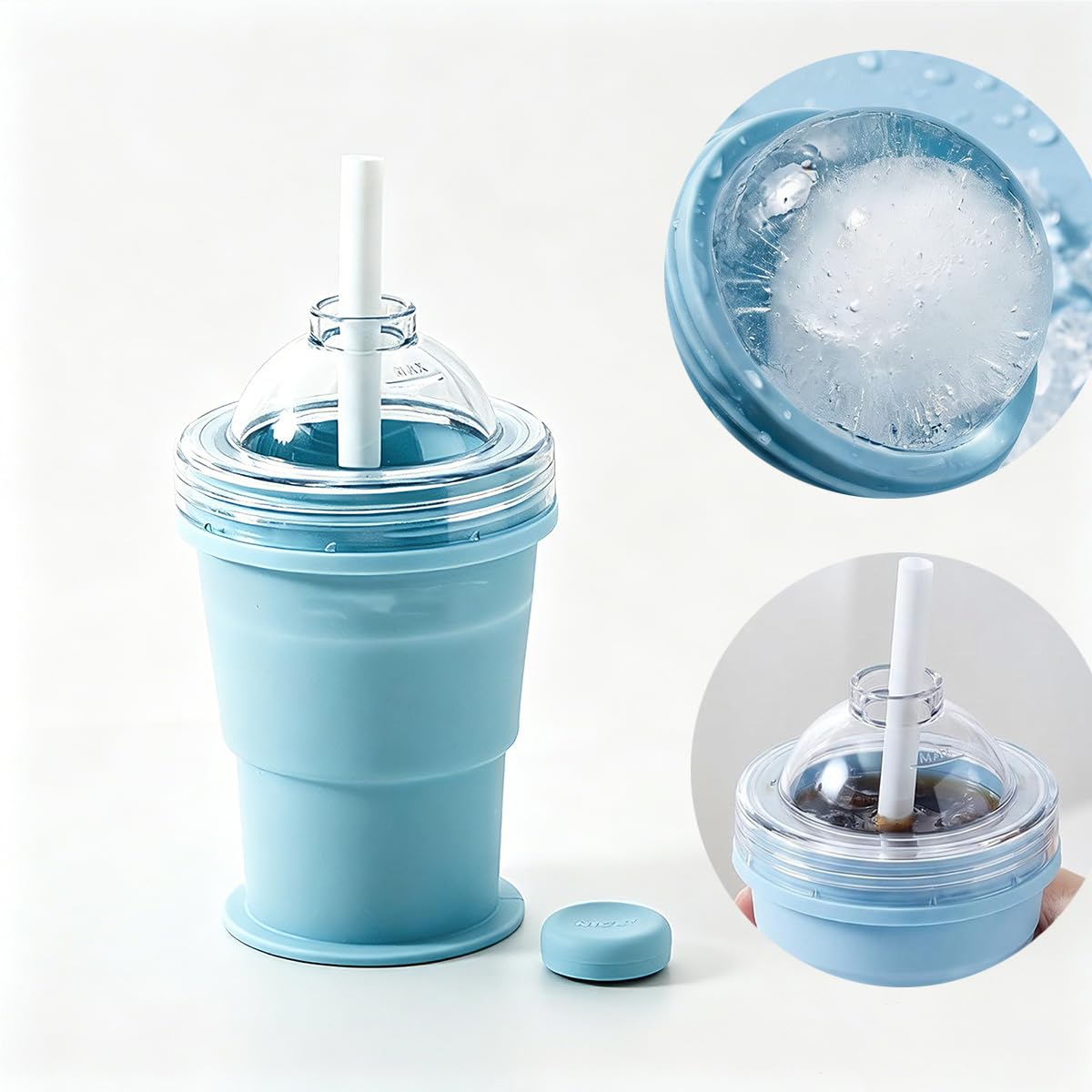 Mtbricey 2 in 1 Silicone Ice Ball Maker & Drinking Cup Collapsible Ice Sphere Mould with Lid and Straw Leakproof Ball Coffee Cups Portable Reusable Tumbler for Whisky Cocktails Juice (Blue)
