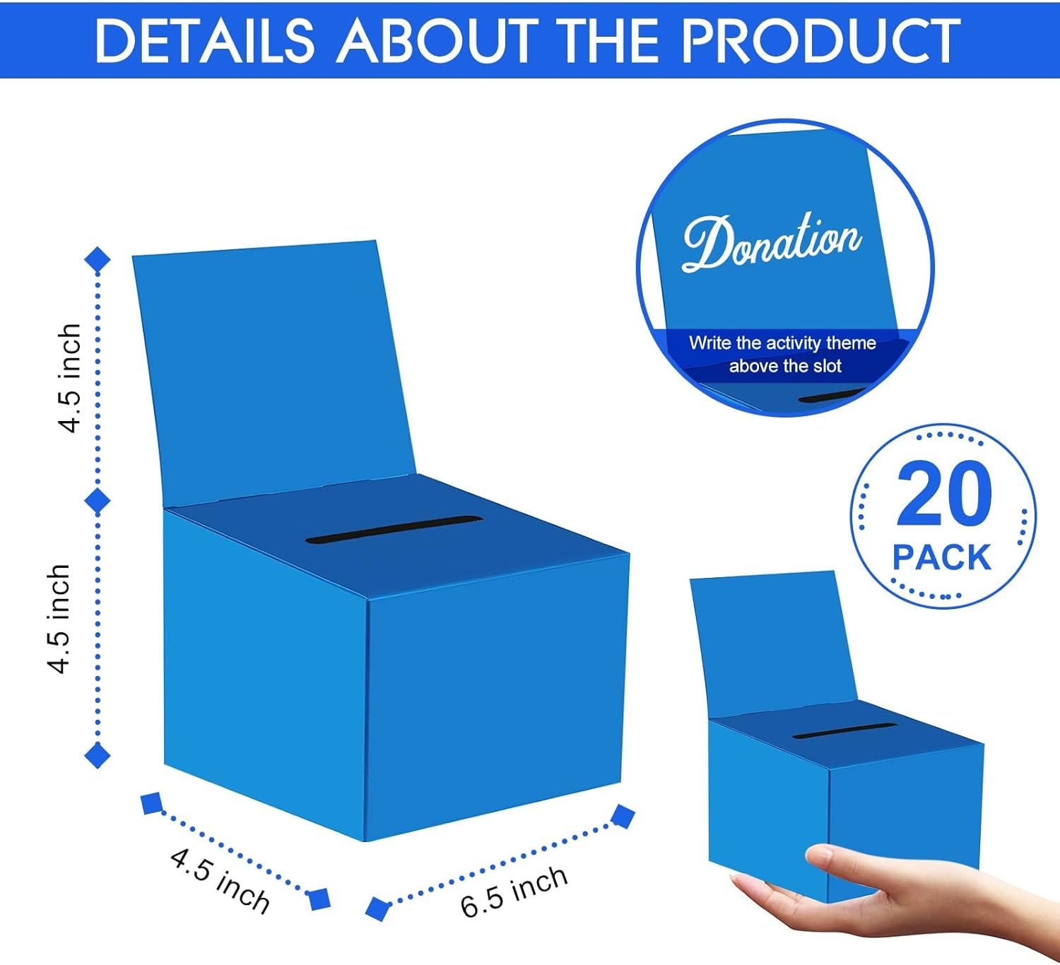 20 Pack Raffle Boxes Ballot Box Suggestion Box with Slot, 6.5 x 4.5 x 4.5 Inch Cardboard Raffle Boxes with Slot for Ticket and Removable Header for Collecting Business Card Voting Contest (Blue)