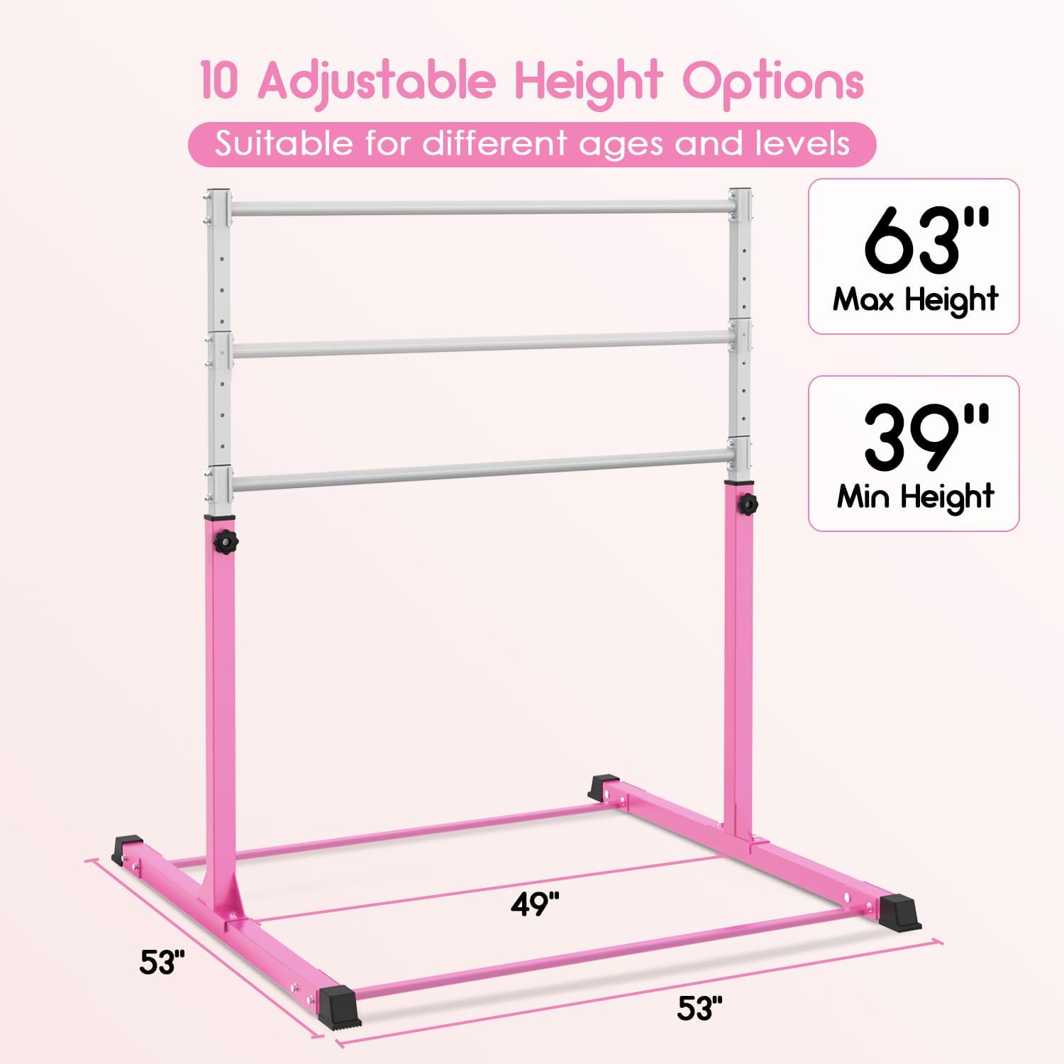 Safly Fun Barra de gimnasia para niños de 3 a 15 años, gimnasio en casa de acero resistente, altura ajustable (3 a 5 pies) con base antideslizante, fácil montaje