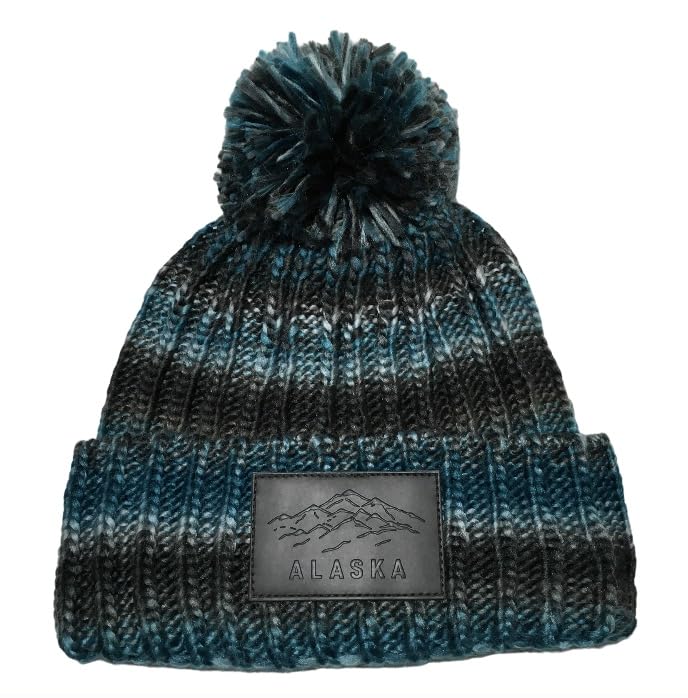 Robin RuthAlaska Beanie Hat Quality Variegated Greens Grey Earth Pom Pom