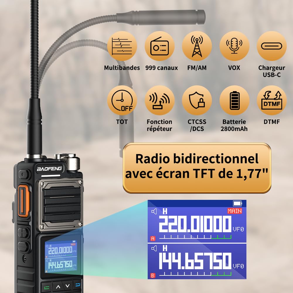 BAOFENG Talkie Walkie Double Bande UHF/VHF Radio Amateur Longue portée jusqu'à 9W avec Batterie 5200mAh 999 canaux CTCSS/DCS Radio FM VOX DTMF Talkie-walkie pour Adultes - UV25M
