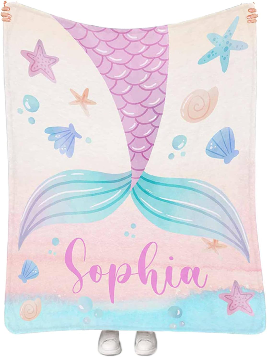Personalized Mermaid Blanket for Girls Custom Name Receiving Swaddle Blanket Throw Fleece Blanket for Kids Newborn Toddler Customized Baby Blanket Little Mermaid Tail Blanket Birthday Gifts 40"x50"
