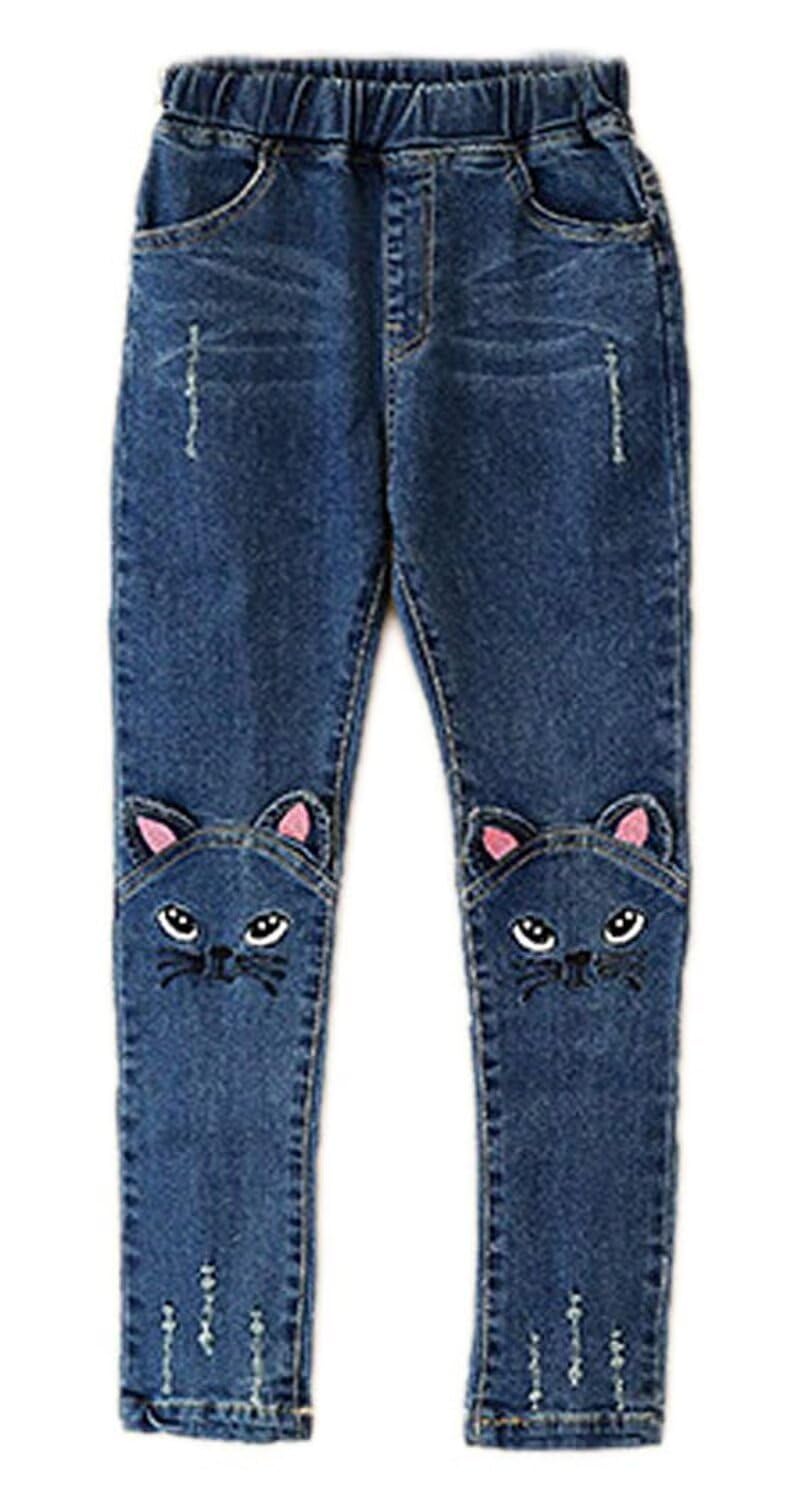 Pantalones de mezclilla ajustados para niñas grandes, con agujeros rasgados, color azul y gato