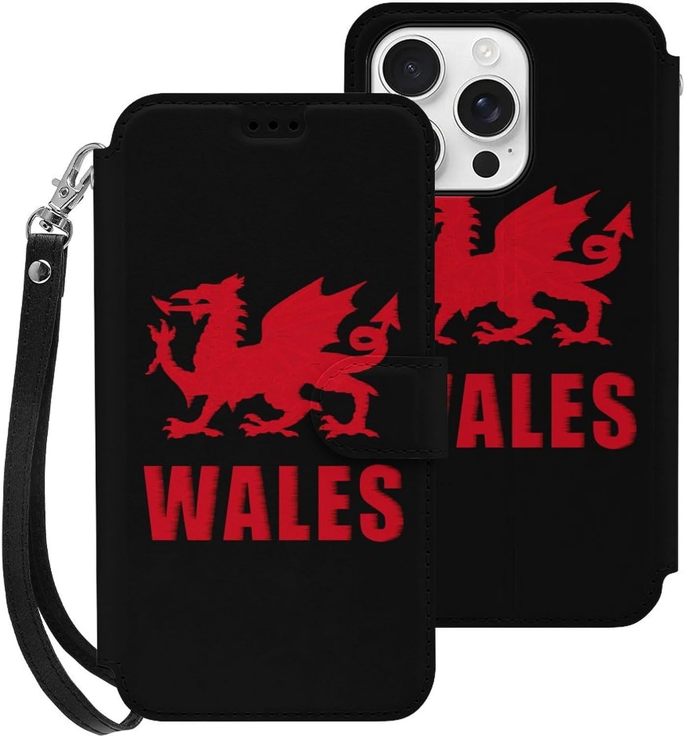 Wales Welsh Dragon Compatible with iPhone 16/16 Plus/16 Pro/16 Pro Max/16 E Case Phone Wallet Card Holder Flip Cover with Wrist Strap