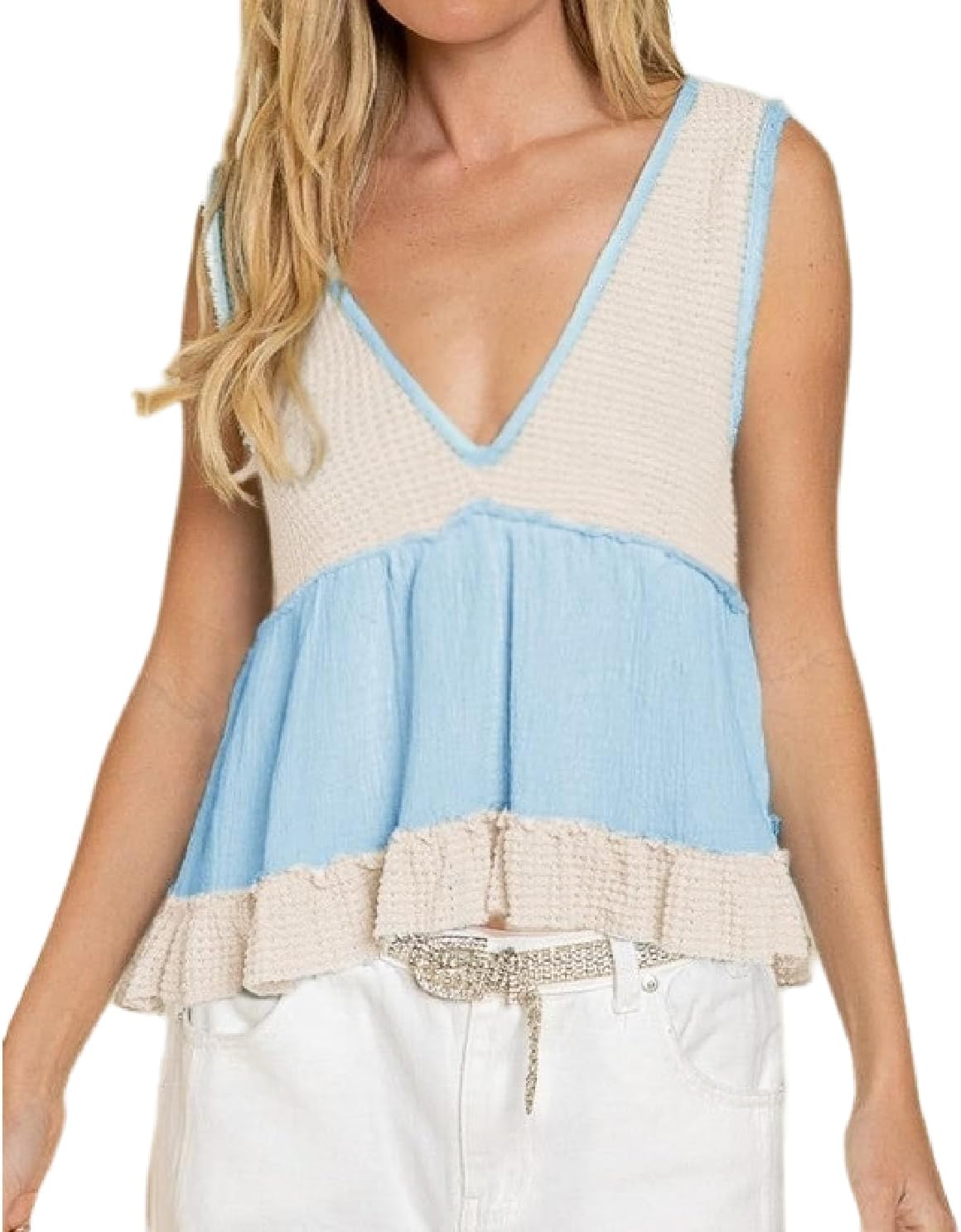 Womens Tank Tops V Neck Waffle Knit Camis Sleeveless Ruffle Hem Crop Top Peplum Blouses Blue