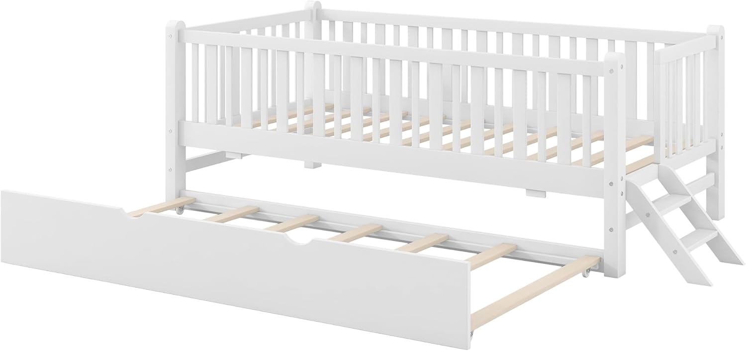 Twin Bed Frams with Trundle for Kids, Twin Size Wood Platform Bed with Guardrails and Slide Ladder, Kids Fence Bed for Boys Girls No Box Spring Required, White Twin Bed Frame