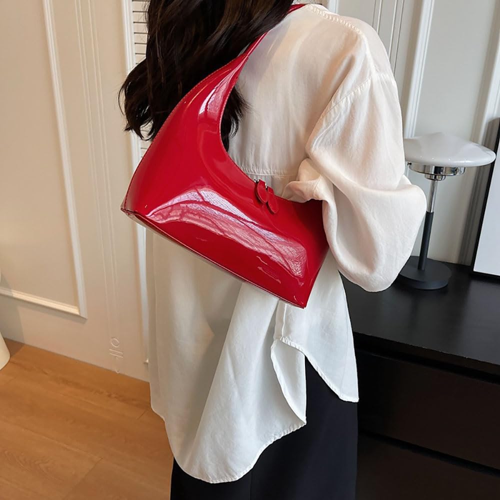 Women Red Retro Underarm Shoulder Bag Y2k Patent Leather Hobo Bag Purse