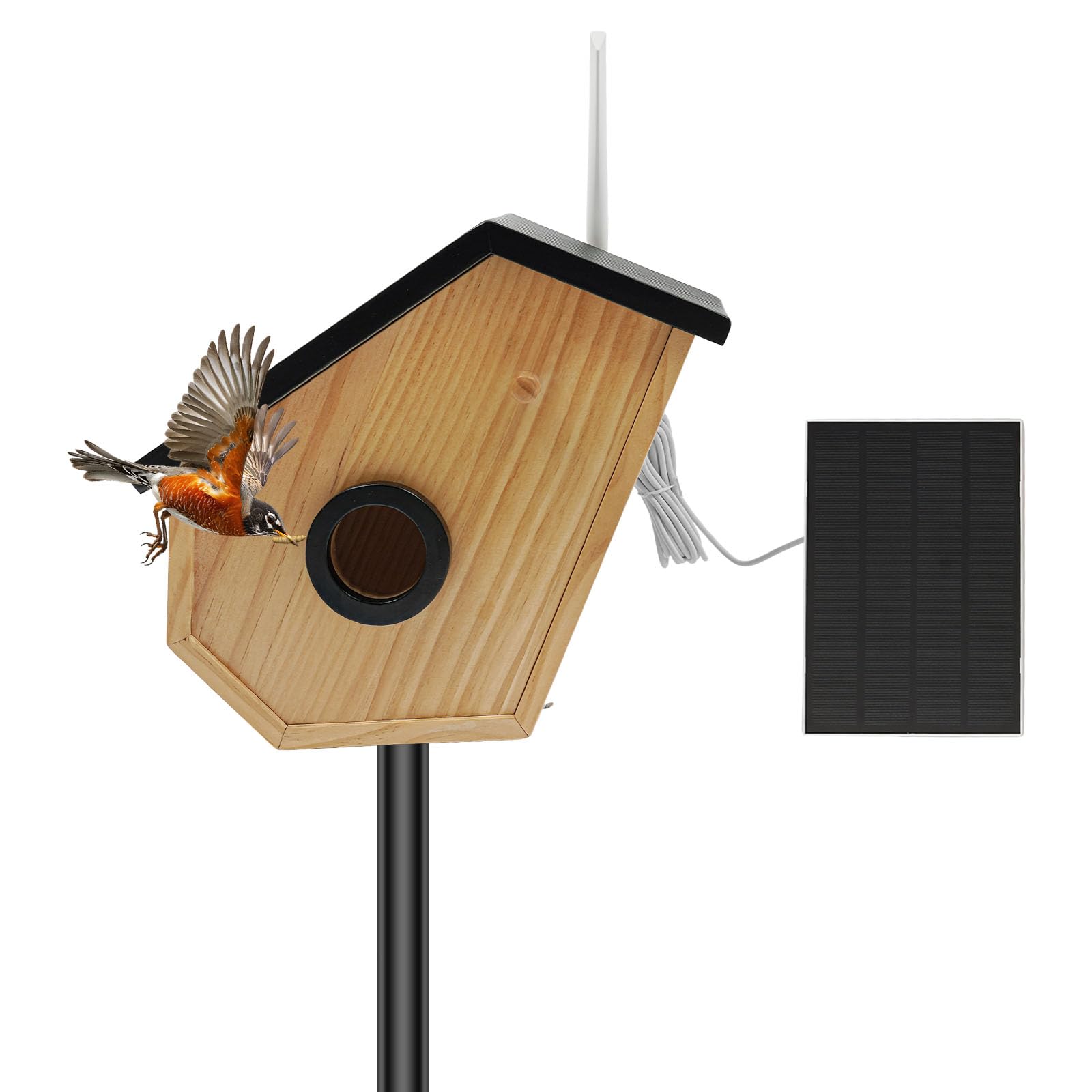 Casetta per uccelli con fotocamera e pannello solare, nidificatore con rilevamento di uccelli KI, IP65 resistente alle intemperie, visione notturna HD, batteria da 4400 mAh, per giardino, balcone