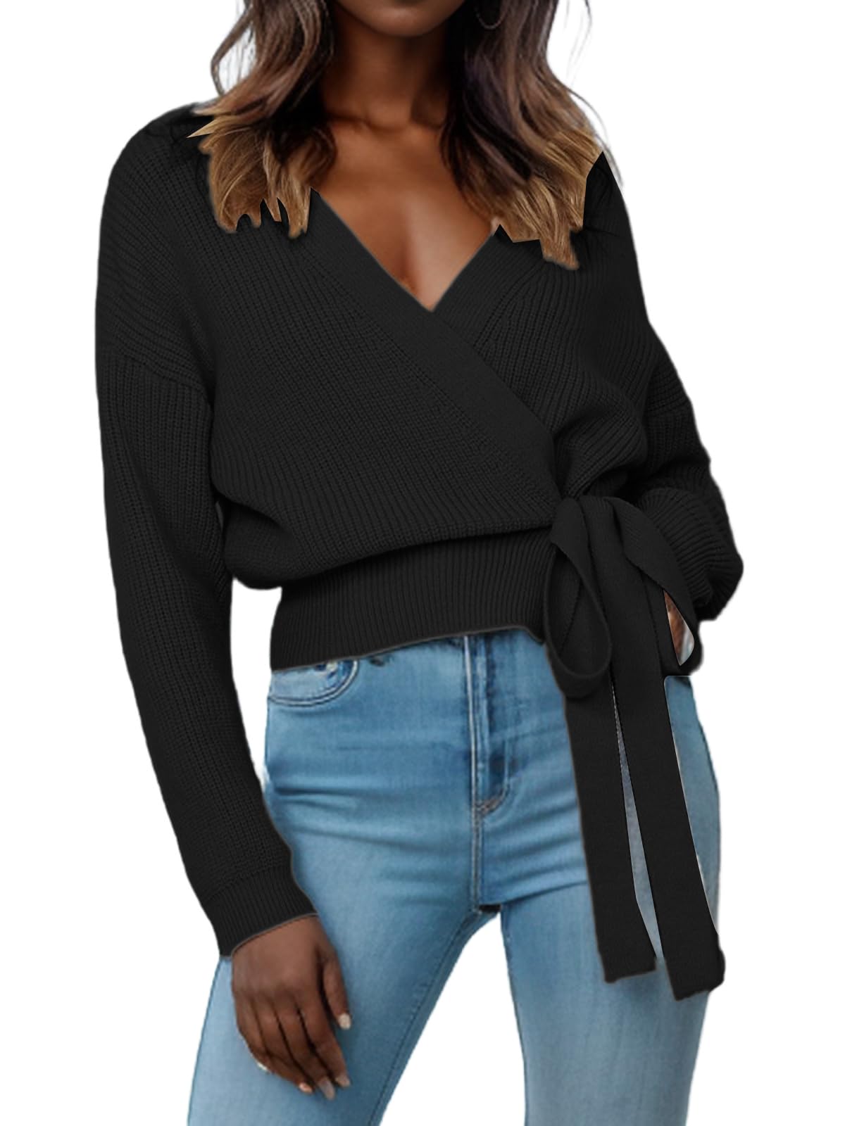 Womens Fall Sweaters 2026 Womens Casual V Neck Wrap Sweater Pullovers Lightweight Ribbed Drop Shoulder Knitted Warm Cozy