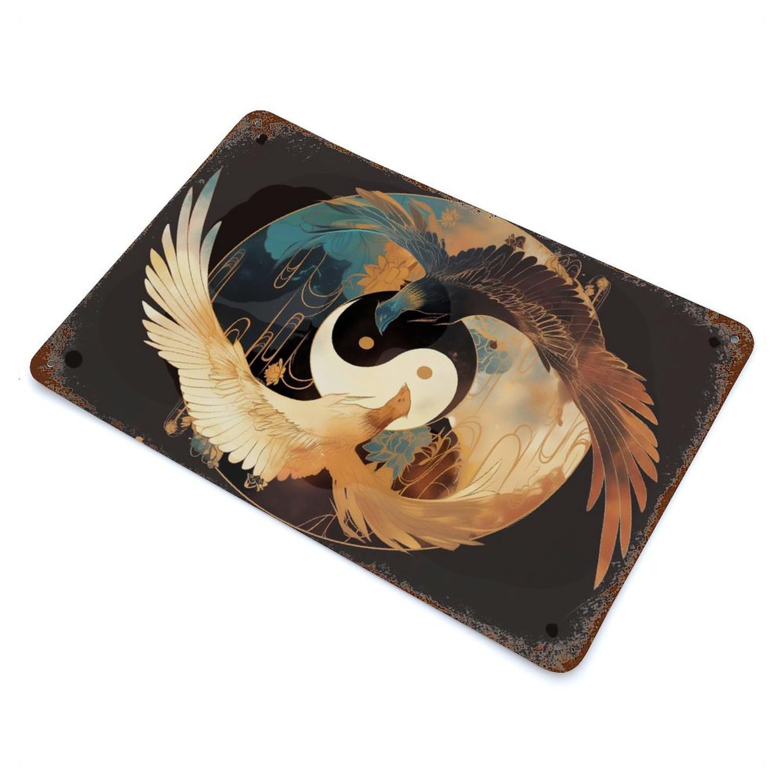 Garage Style Yin Yang Birds Vintage Rust Metal Sign 11.8"x7.9", Industrial Home Decor for Bar And Workshop
