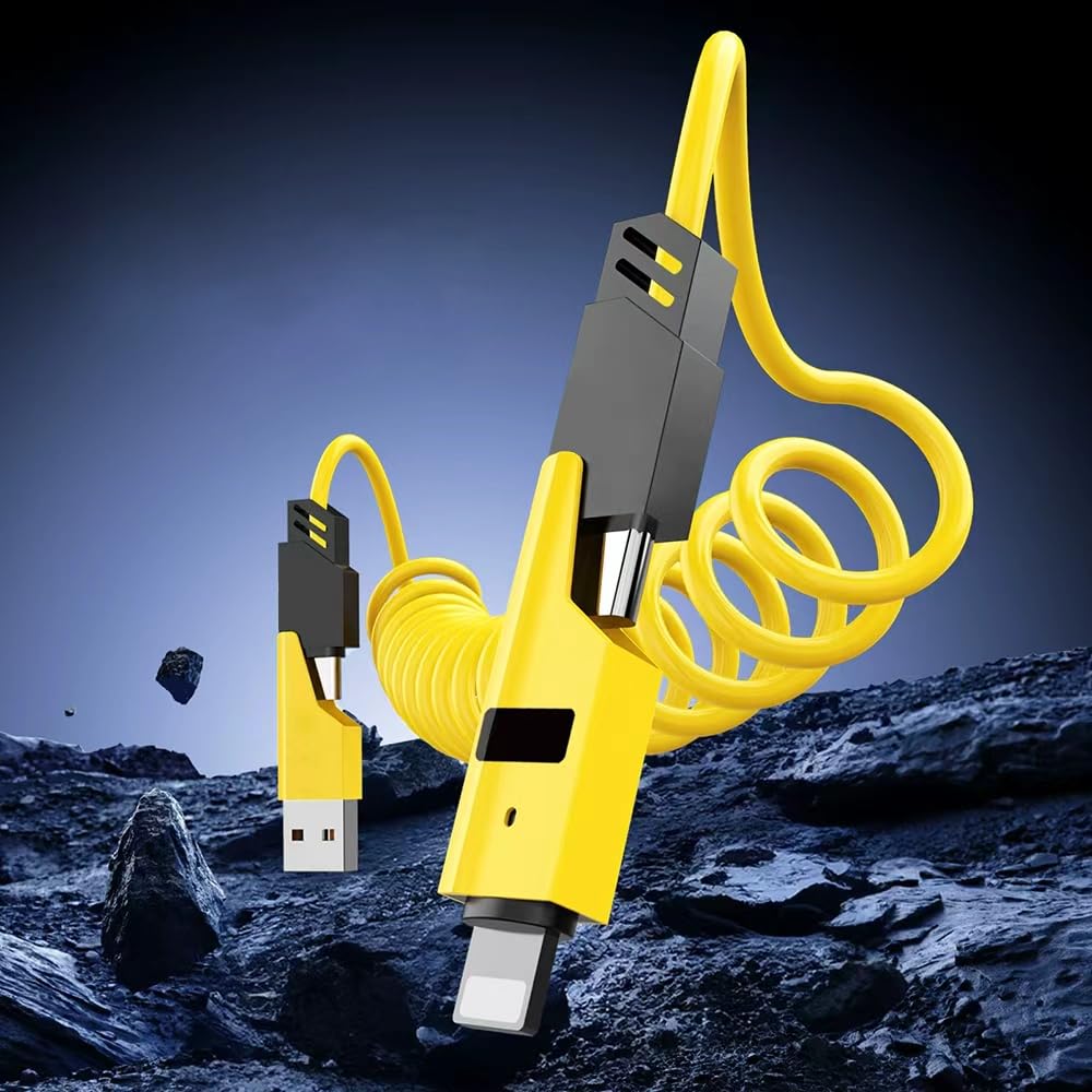 1 Pack Spring Retractable Charging Cable for iPhone and Type-C Mobile Phone Accessory, 1 Mobile Phone Charger Wireless Accessory, Yellow