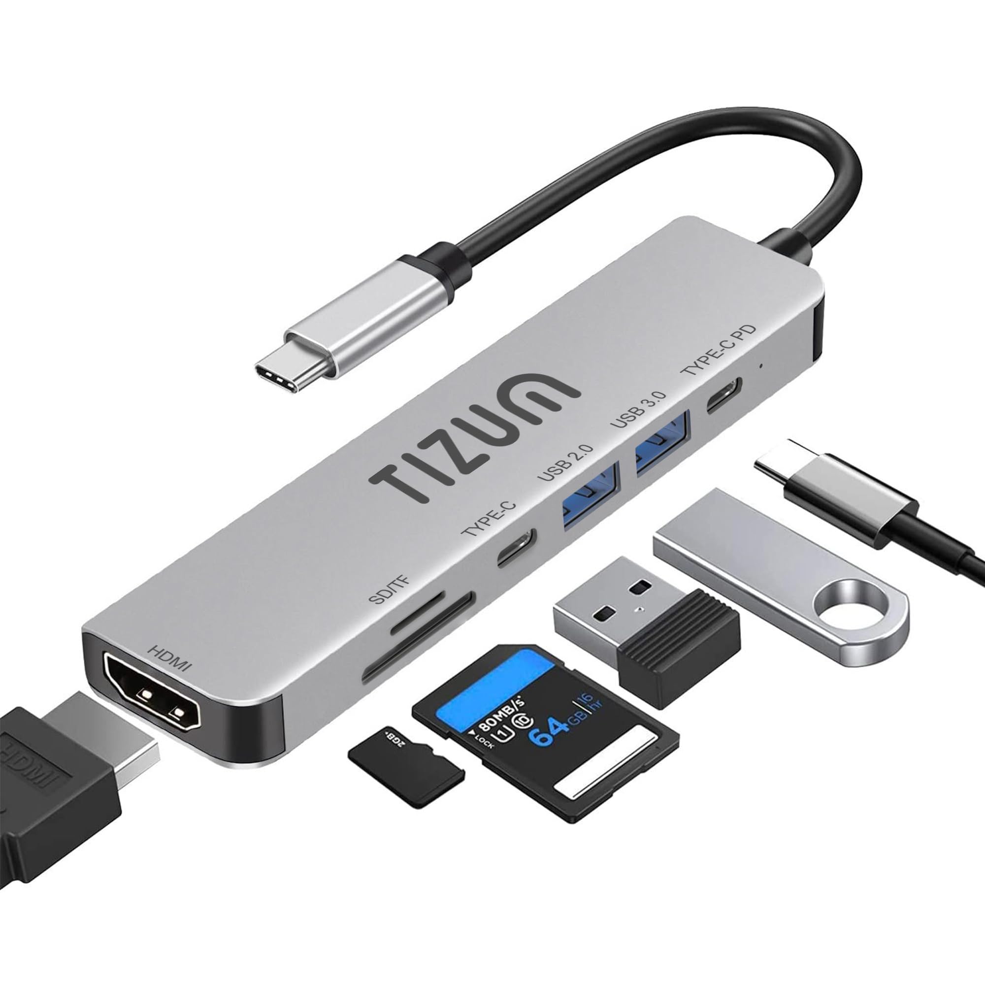 Tizum 7-in-1 USB C HUB with 4K HDMI, 100W PD Charging, USB C & USB 3.0 5Gbps, USB 2.0, SD/TF Card Reader, Type C Multiport Adapter for MacBook Laptop, Tablet, Type C Dock Plug & Play, Aluminium Shell-image-3