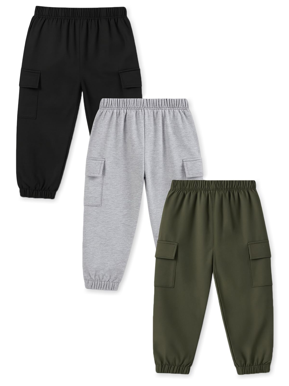 Kids Joggers Trackpants Pack of 3 - Black, Grey & Green | Knit Cotton Blend Cargo Style Pants for Boys & Girls | Soft Elastic Waist Track Bottoms with Pockets | Comfy Everyday Activewear-image-21