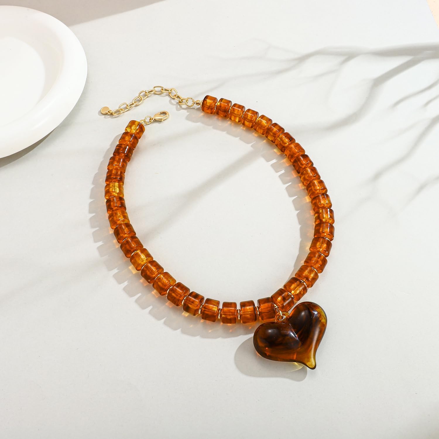 Chunky Beaded Heart Pendant Necklace for Women, Brown Resin Heart Pendant Necklace with Acrylic Beads Chain Jewelry - Image 5