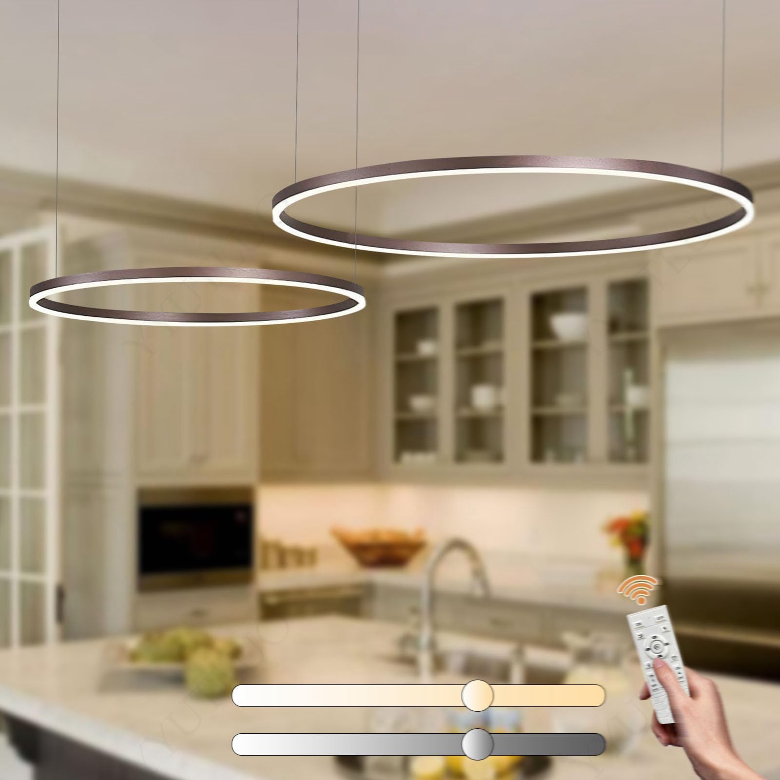YYUTLUO Lámpara LED DIY Circular Moderna | 2 Marrón Anillos :80+100cm=80W| Iluminación Colgante LED Metal+Acrílico, Control Remoto Regulable 2.4G Lámpara Colgante Techo Redonda Sala Estar Dormitorio