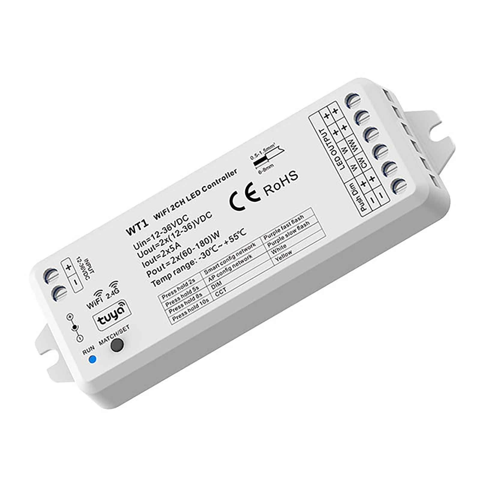 Planetitaly Controller LED WT1 WiFi per strisce faretti centralina SMART dimmer WiFi 2.4G CCT da 3000K a 6500K 2CH 12-24V APP, Smartphone, Controllo remoto, Compatibile Google Home Amazon Alexa