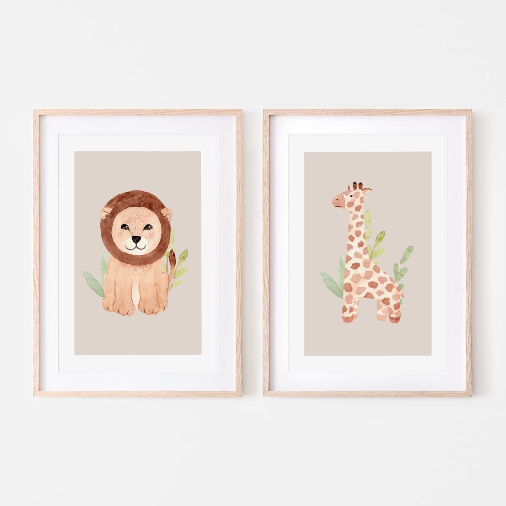 Pompom Prints® Lion & Giraffe Baby Animal Safari Nursery Bedroom Wall Art Picture Prints, Set of 2 [Picture Frames NOT Included] (5x7 Inch)