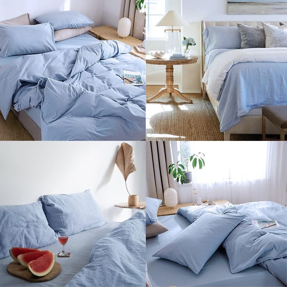 ATsense Duvet Cover King Size, 100% Washed Cotton Linen Feel Super Soft Comfortable, 3-Piece Denim Blue Duvet Cover Bedding Set, Durable and Easy Care, Simple Style Farmhouse Comforter Cover King 104x90 Denim Blue