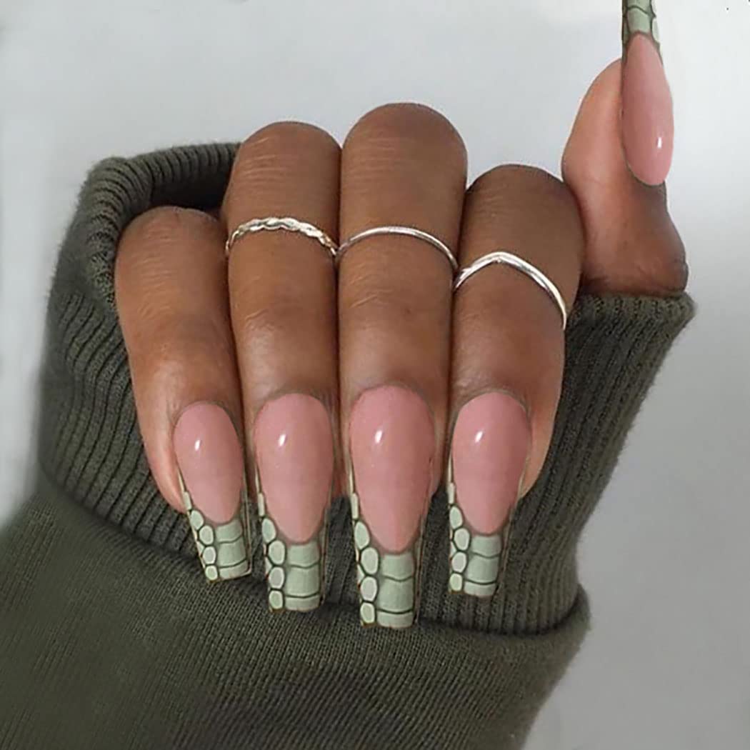 Florry French Press-on Nails Long Coffin Fake Nails Glossy Green Acrylic False Nails for Women and Girls 24PCS