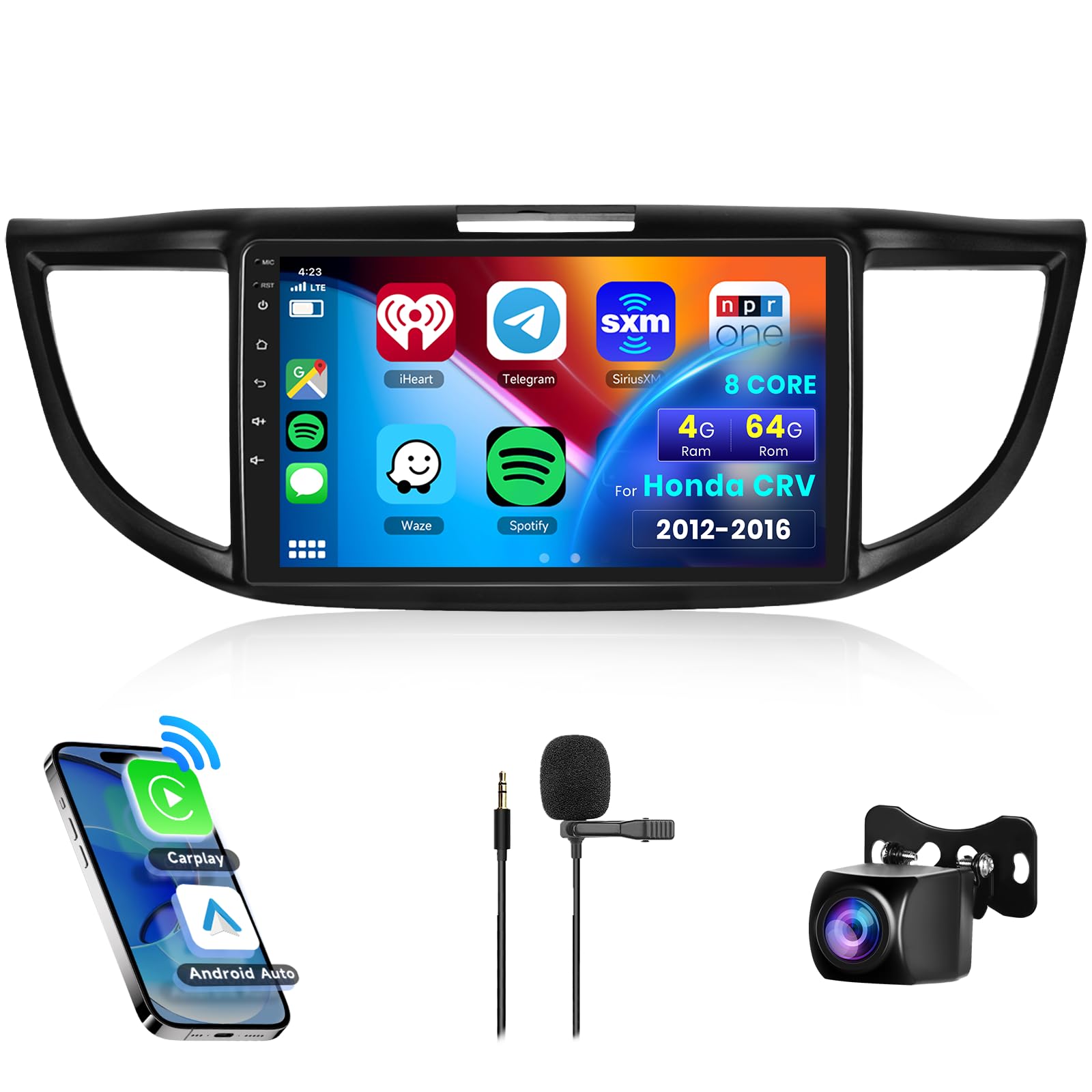 8 Core 4G+64G Car Radio for Honda CRV 2012 2013 2014 2015 2016, Wireless Apple Carplay Android Auto Car Stereo, 9” IPS Touchscreen with WiFi, GPS, Bluetooth,FM/RDS, 32EQ DSP, Rear Camera