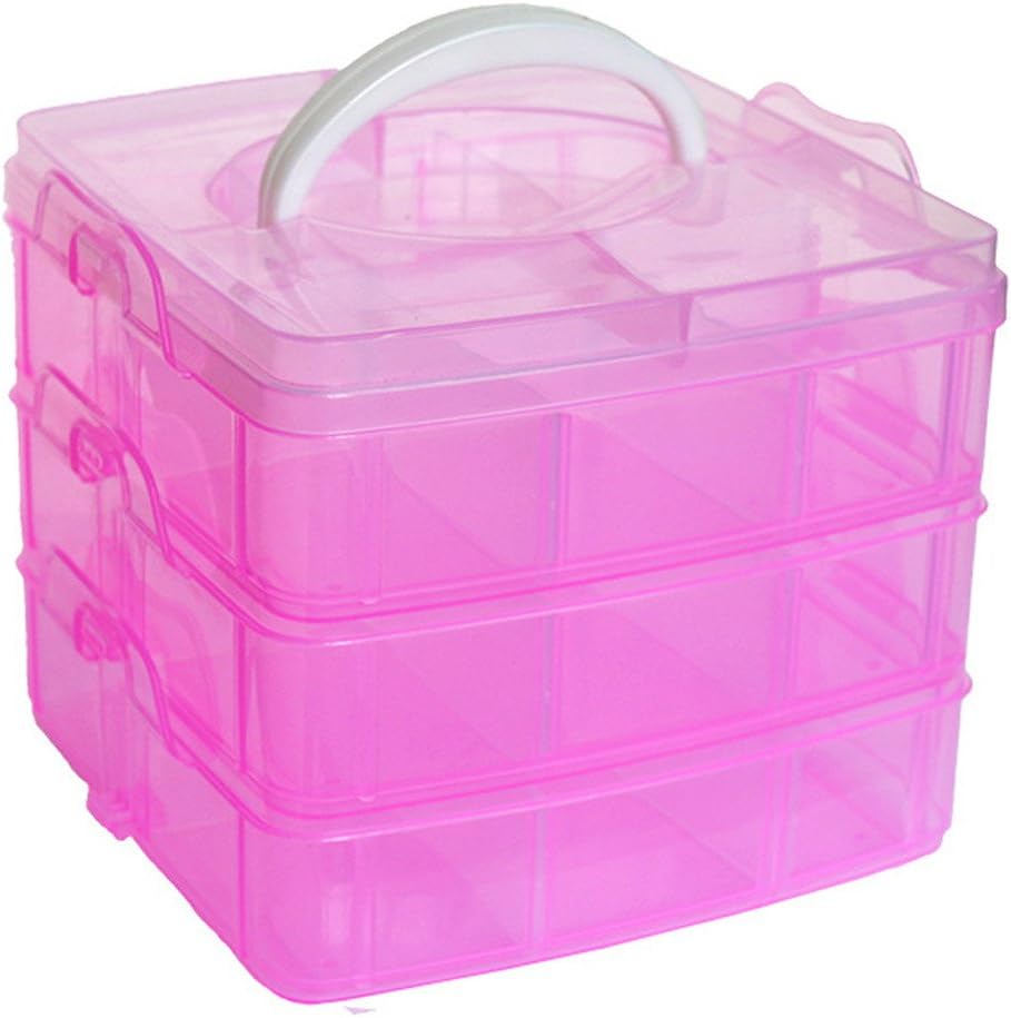 Guoxn Box Organizer with Handle, 3-Layers Adjustable Dividers,Portable Storage Container for Jewelry，Bead Storage, Fishing Tackle, Jewelry, Screws (Hot Pink)