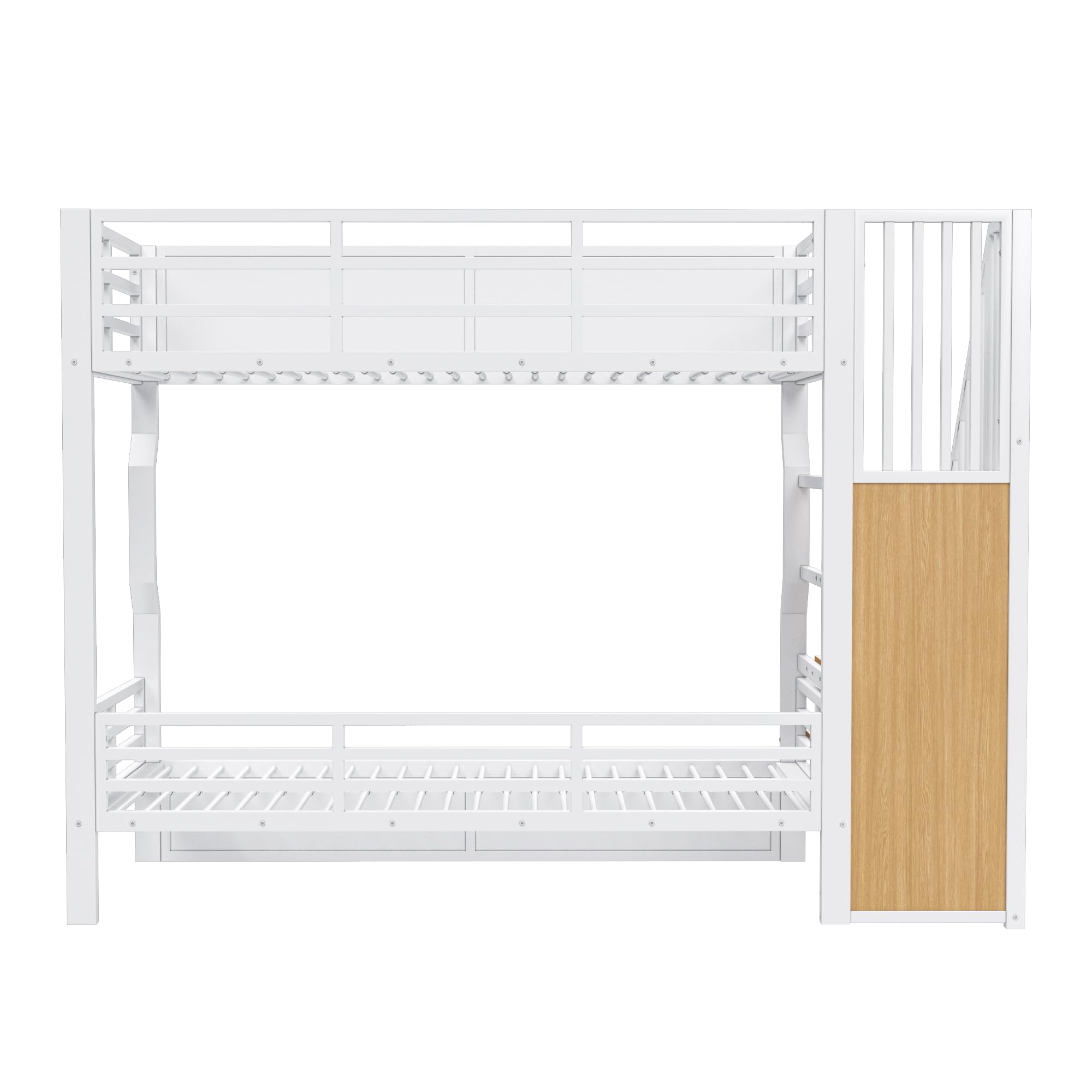 Etagenbett Kinderbett 90x200 cm mit LED und Stauraum, Metallbett Hochbett mit Treppe im Schrankstil und Rausfallschutz, Jugendbett Stockbett Bettgestell mit Lattenrost, Weiß, Ohne Matratze